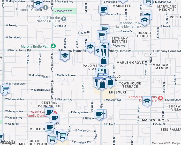 map of restaurants, bars, coffee shops, grocery stores, and more near 500 East Montebello Avenue in Phoenix