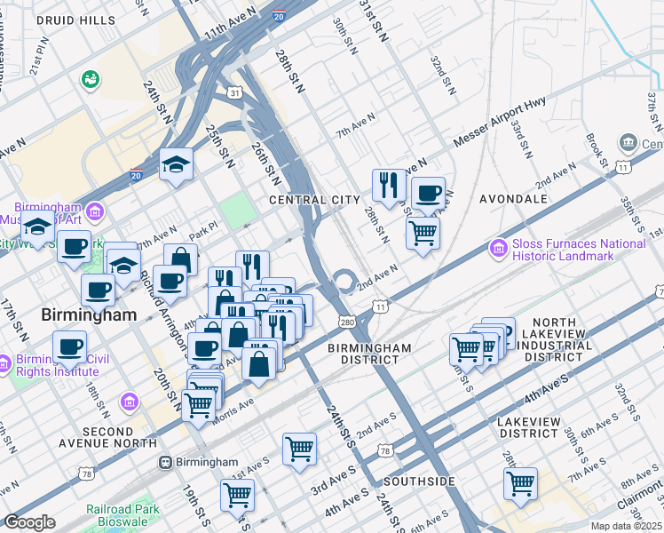 map of restaurants, bars, coffee shops, grocery stores, and more near 368 26th Street North in Birmingham