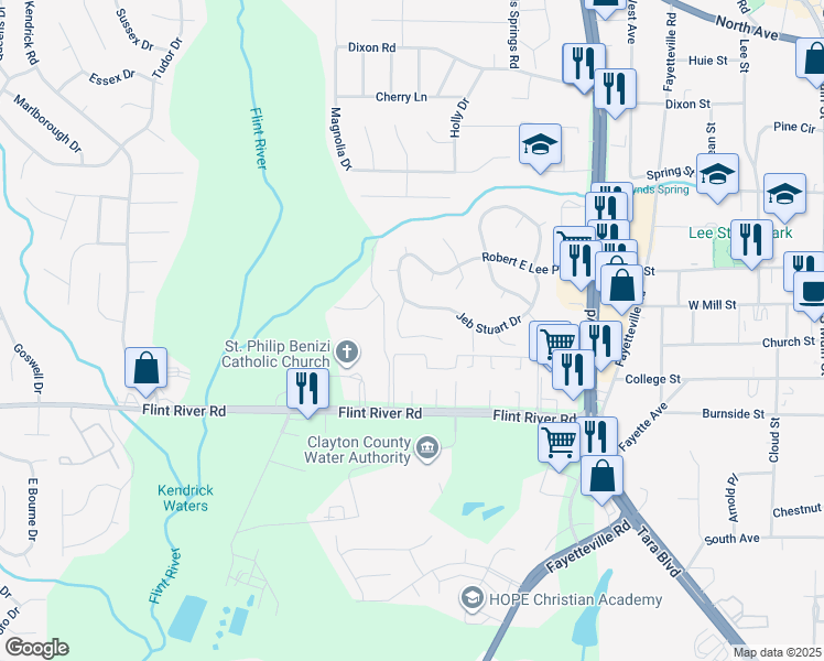 map of restaurants, bars, coffee shops, grocery stores, and more near 664 Utoy Court in Jonesboro