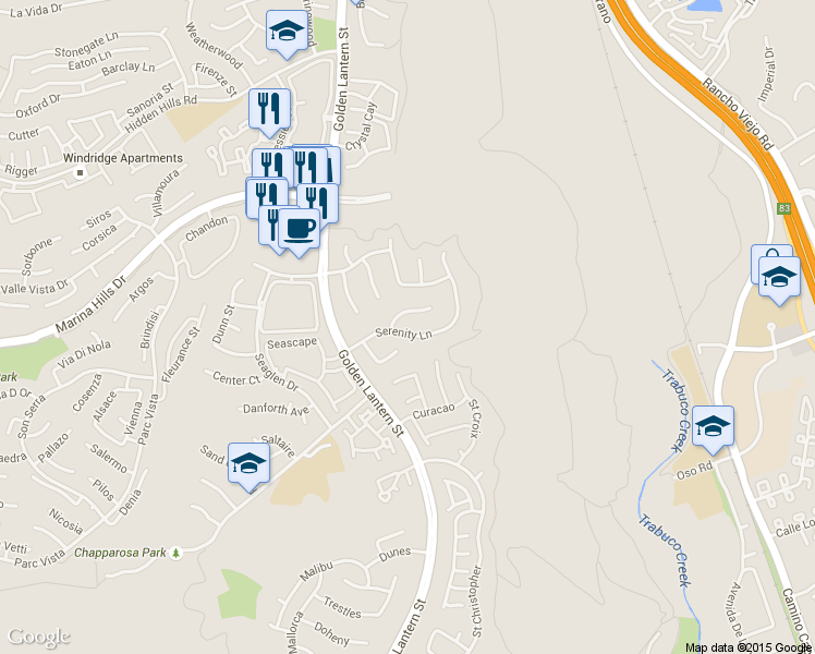 map of restaurants, bars, coffee shops, grocery stores, and more near 19 Serenity Lane in Laguna Niguel