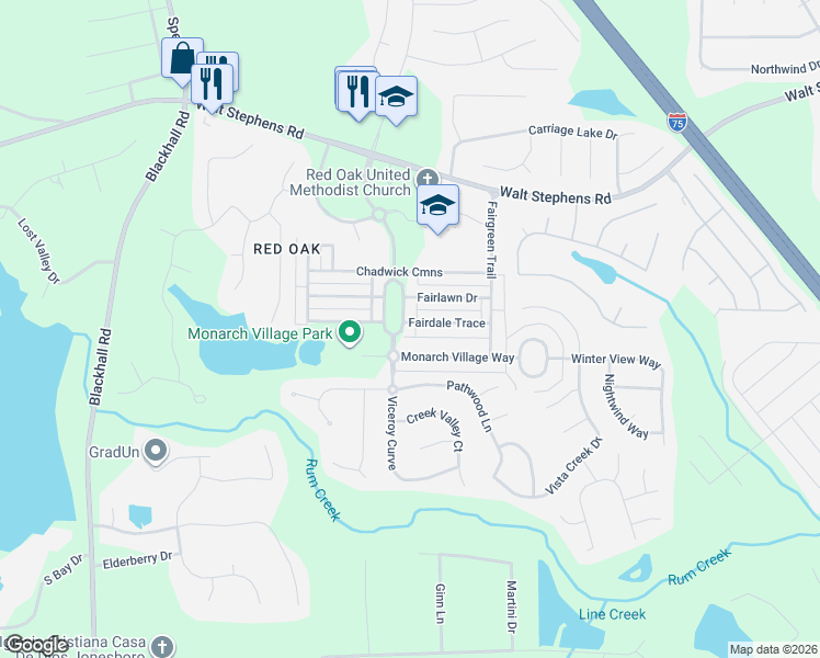 map of restaurants, bars, coffee shops, grocery stores, and more near 233 Monarch Village Way in Stockbridge
