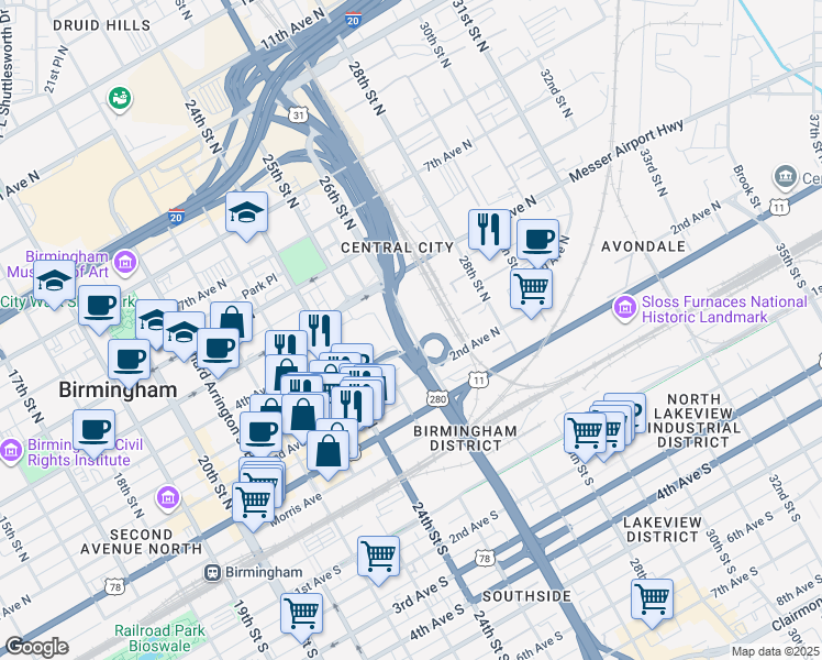 map of restaurants, bars, coffee shops, grocery stores, and more near 368 26th Street North in Birmingham