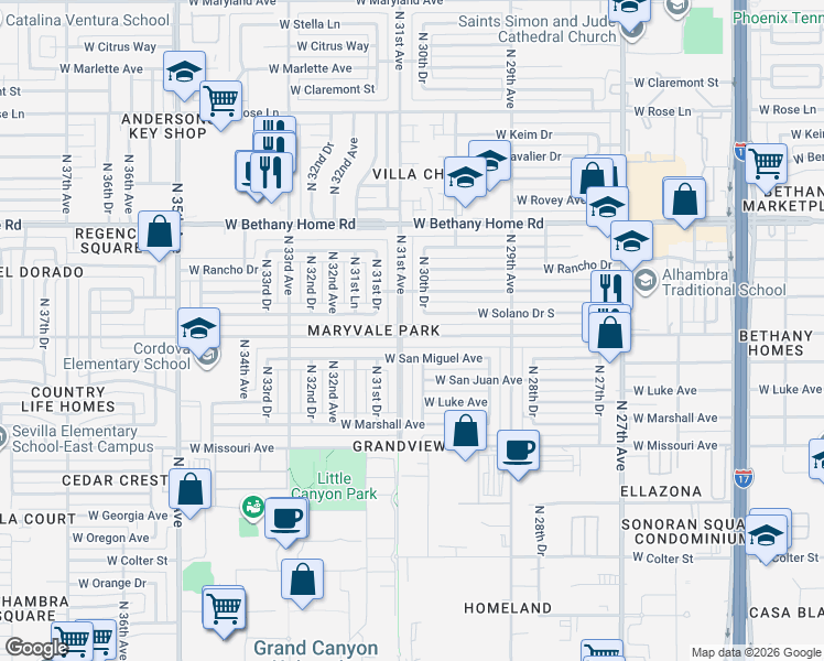 map of restaurants, bars, coffee shops, grocery stores, and more near 3030 West Montebello Avenue in Phoenix