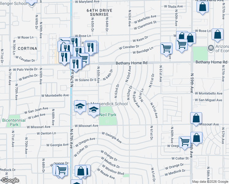 map of restaurants, bars, coffee shops, grocery stores, and more near 5644 North 63rd Drive in Glendale