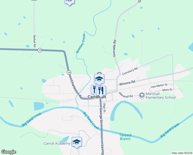 map of restaurants, bars, coffee shops, grocery stores, and more near 106 Morgan Street in Carrollton