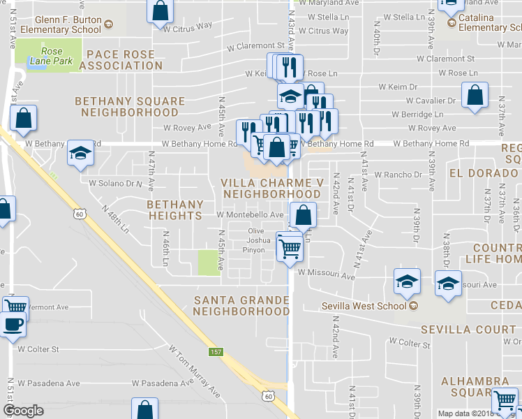 map of restaurants, bars, coffee shops, grocery stores, and more near 5703 North 44th Avenue in Glendale