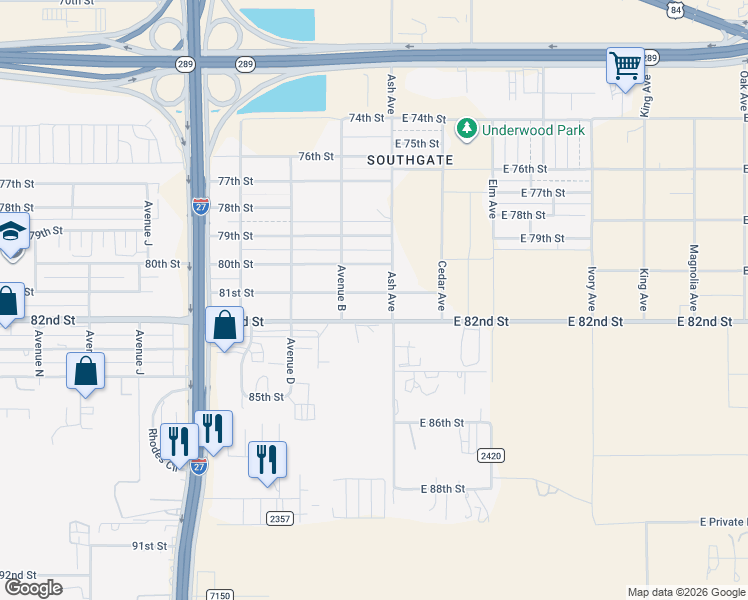 map of restaurants, bars, coffee shops, grocery stores, and more near 107 81st St in Lubbock
