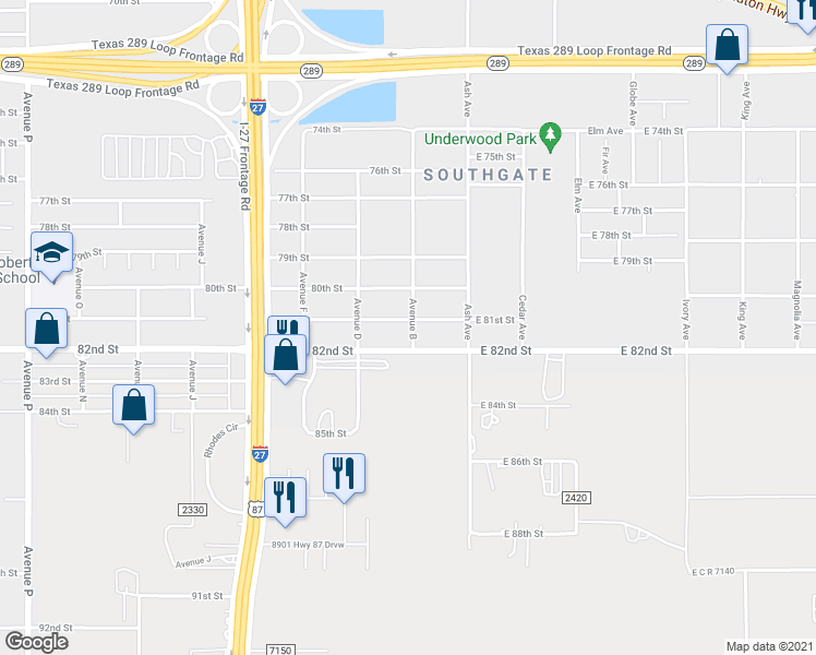 map of restaurants, bars, coffee shops, grocery stores, and more near 301 81st Street in Lubbock