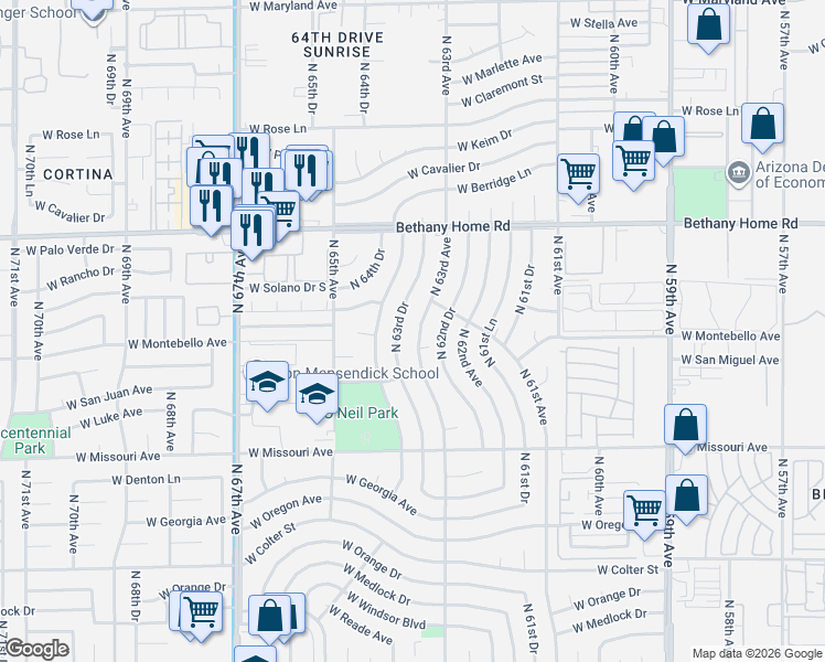 map of restaurants, bars, coffee shops, grocery stores, and more near 5644 North 63rd Drive in Glendale