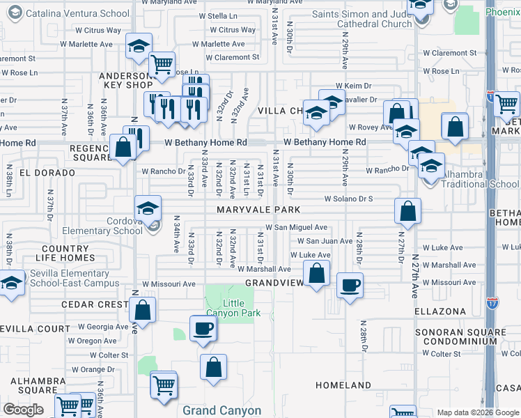 map of restaurants, bars, coffee shops, grocery stores, and more near 3116 W Montebello Ave in Phoenix