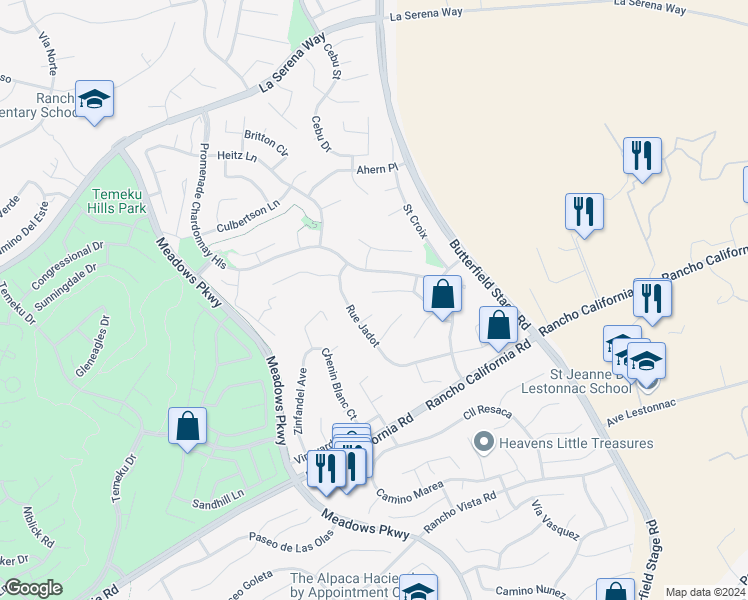 map of restaurants, bars, coffee shops, grocery stores, and more near 32191 Placer Belair in Temecula