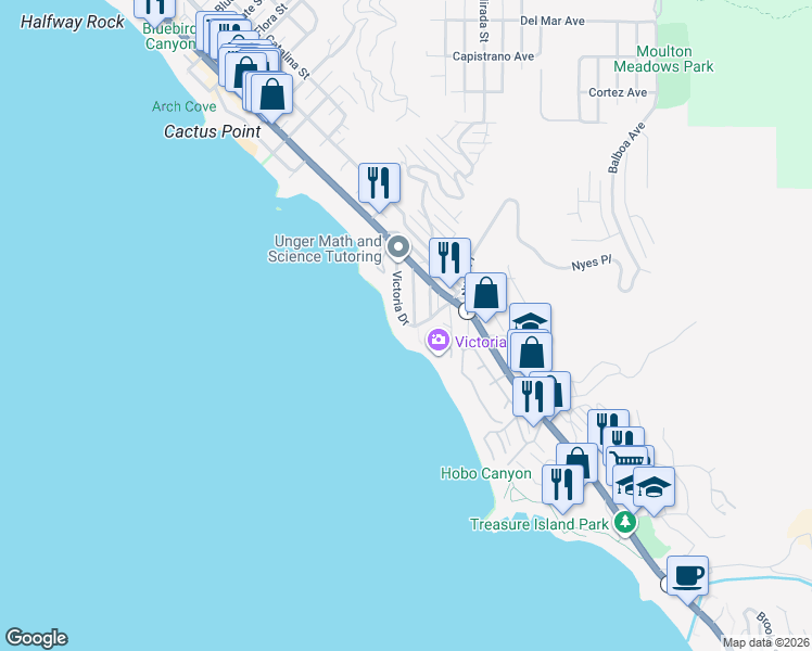 map of restaurants, bars, coffee shops, grocery stores, and more near 2691 Victoria Drive in Laguna Beach