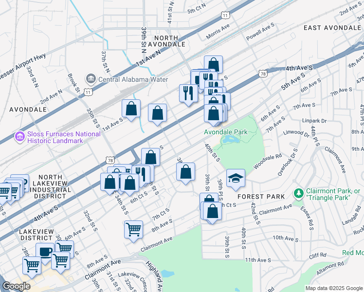 map of restaurants, bars, coffee shops, grocery stores, and more near 3800 5th Avenue South in Birmingham