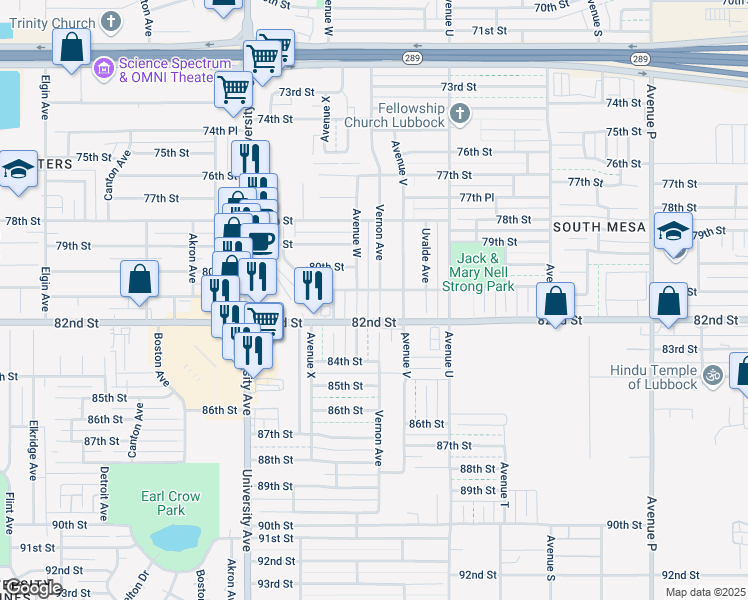 map of restaurants, bars, coffee shops, grocery stores, and more near 8104 Vernon Avenue in Lubbock