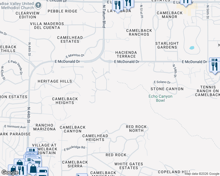 map of restaurants, bars, coffee shops, grocery stores, and more near 5781 North Echo Canyon Circle in Phoenix