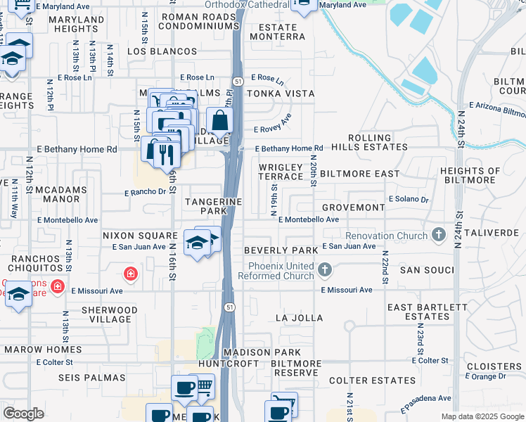 map of restaurants, bars, coffee shops, grocery stores, and more near 5707 North 18th Place in Phoenix