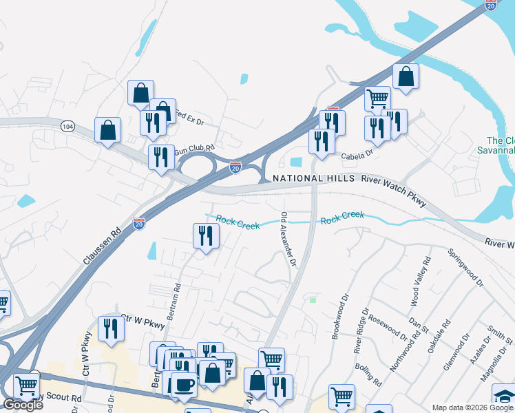 map of restaurants, bars, coffee shops, grocery stores, and more near 2244 Bridgeton Road in Augusta