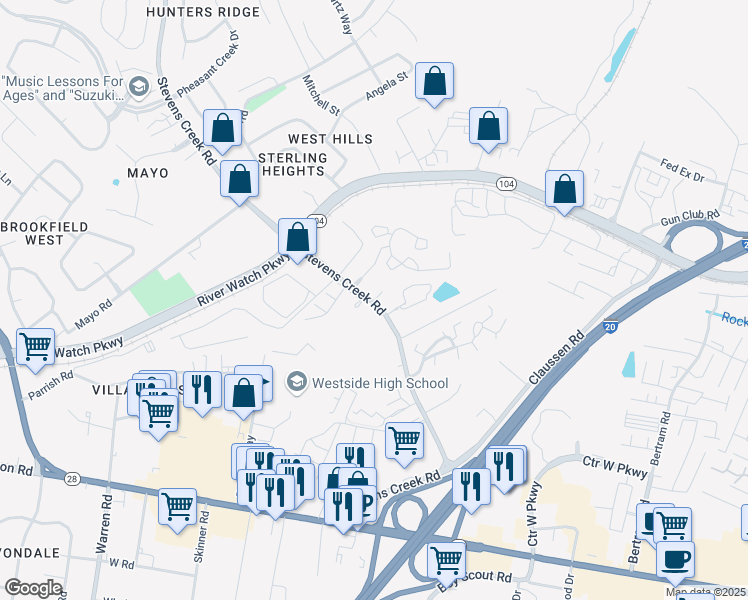 map of restaurants, bars, coffee shops, grocery stores, and more near 159 Stevens Creek Court in Augusta