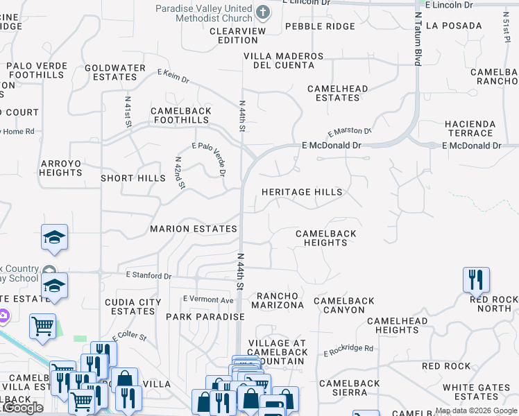 map of restaurants, bars, coffee shops, grocery stores, and more near 5801 North 44th Place in Phoenix