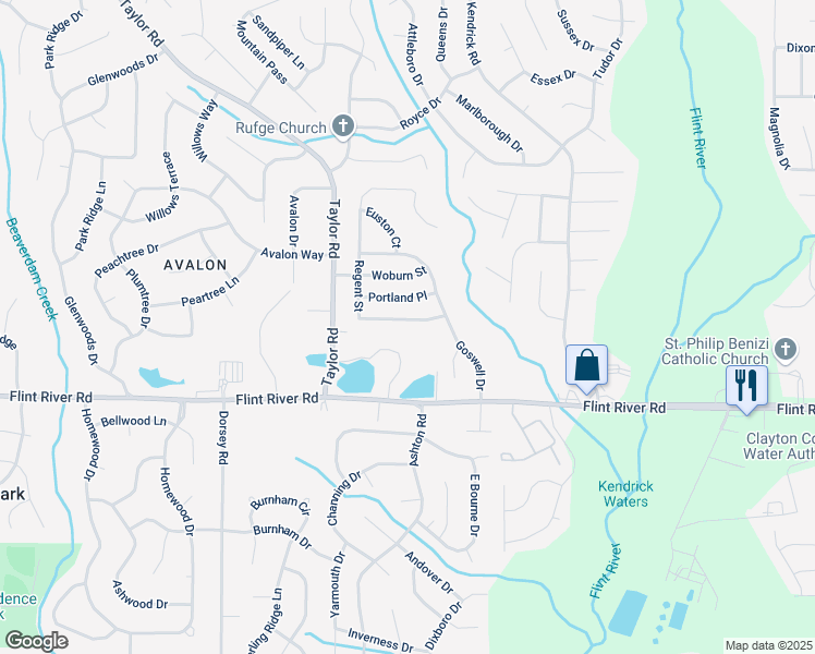 map of restaurants, bars, coffee shops, grocery stores, and more near 8597 Regent Street in Jonesboro