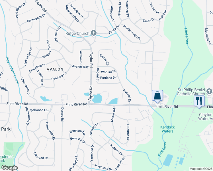 map of restaurants, bars, coffee shops, grocery stores, and more near 8597 Regent Street in Jonesboro