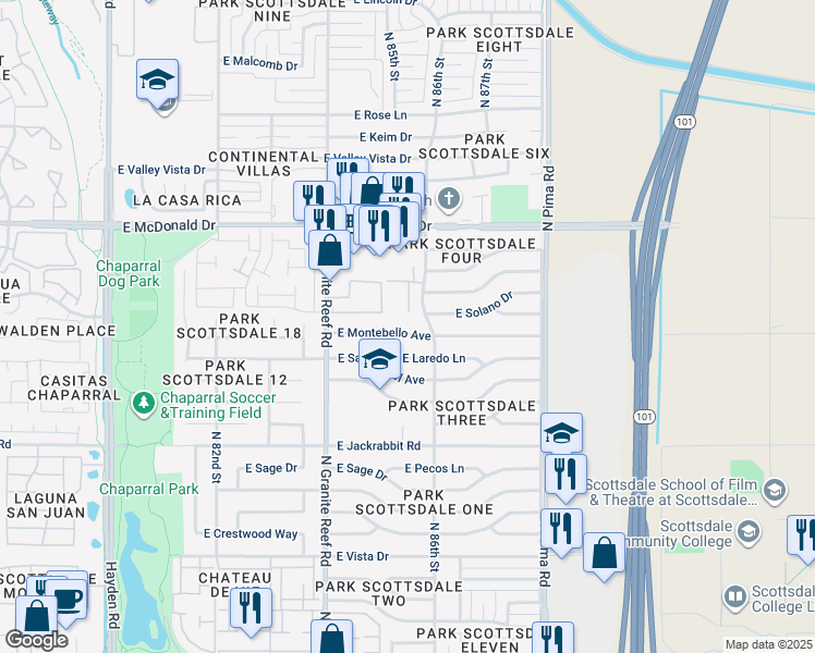 map of restaurants, bars, coffee shops, grocery stores, and more near 8514 East Montebello Avenue in Scottsdale