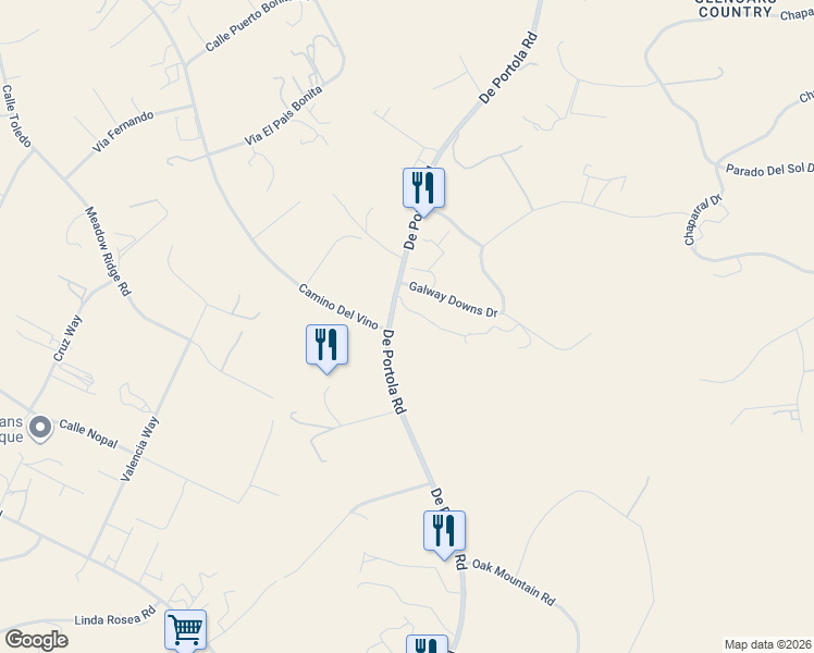 map of restaurants, bars, coffee shops, grocery stores, and more near 38200 De Portola Road in Temecula