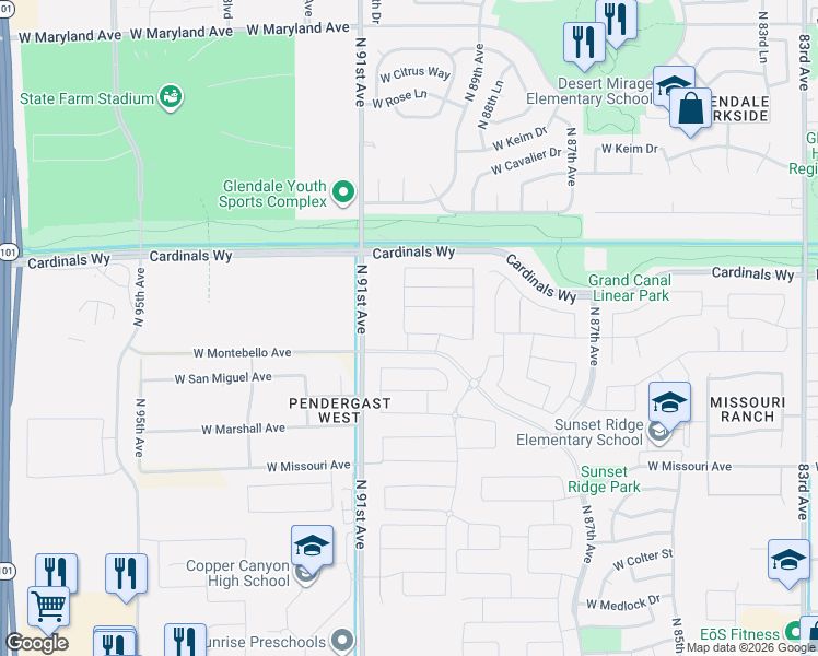 map of restaurants, bars, coffee shops, grocery stores, and more near 8948 West Solano Drive in Glendale