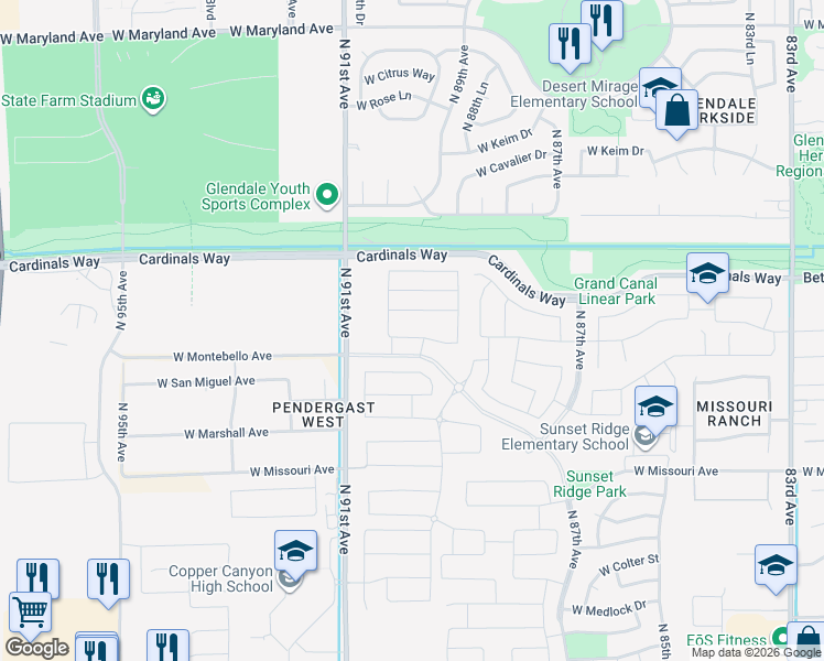 map of restaurants, bars, coffee shops, grocery stores, and more near 8948 West Solano Drive in Glendale