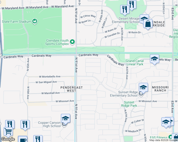 map of restaurants, bars, coffee shops, grocery stores, and more near 8948 West Solano Drive in Glendale