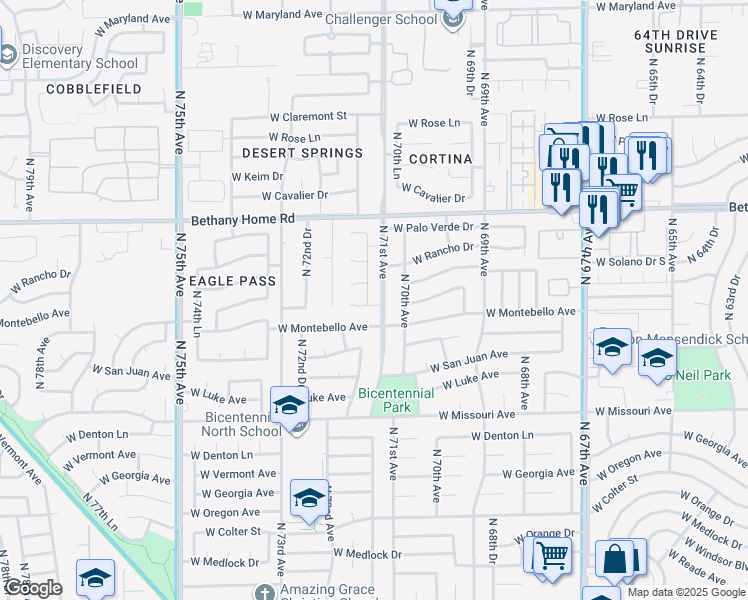 map of restaurants, bars, coffee shops, grocery stores, and more near 5721 North 71st Drive in Glendale