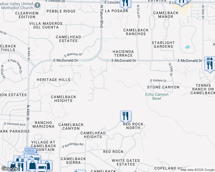 map of restaurants, bars, coffee shops, grocery stores, and more near 5781 North Echo Canyon Circle in Phoenix