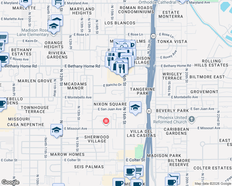 map of restaurants, bars, coffee shops, grocery stores, and more near 1526 East Montebello Avenue in Phoenix