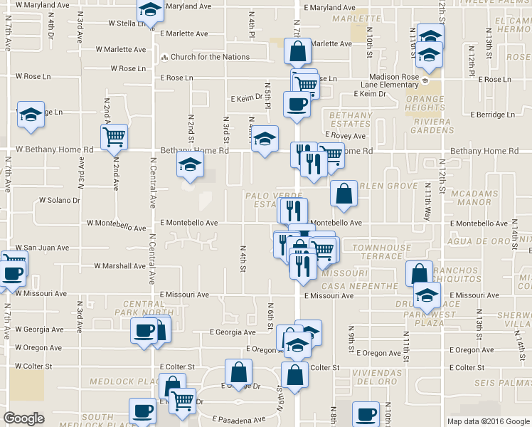 map of restaurants, bars, coffee shops, grocery stores, and more near 610 East Montebello Avenue in Phoenix