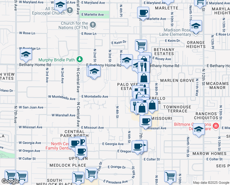 map of restaurants, bars, coffee shops, grocery stores, and more near 410 East Montebello Avenue in Phoenix