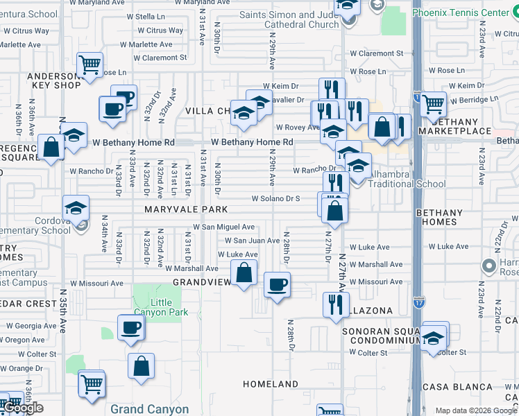 map of restaurants, bars, coffee shops, grocery stores, and more near 2914 West Montebello Avenue in Phoenix