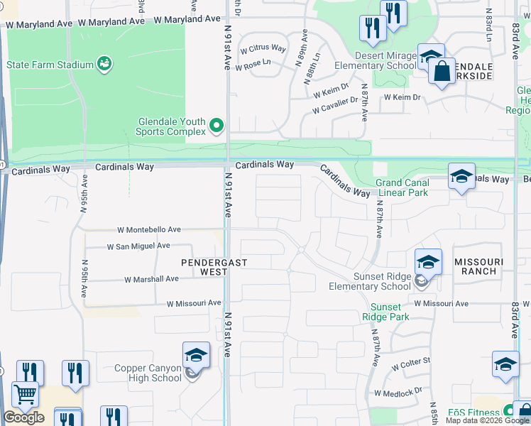 map of restaurants, bars, coffee shops, grocery stores, and more near 8948 West Solano Drive in Glendale