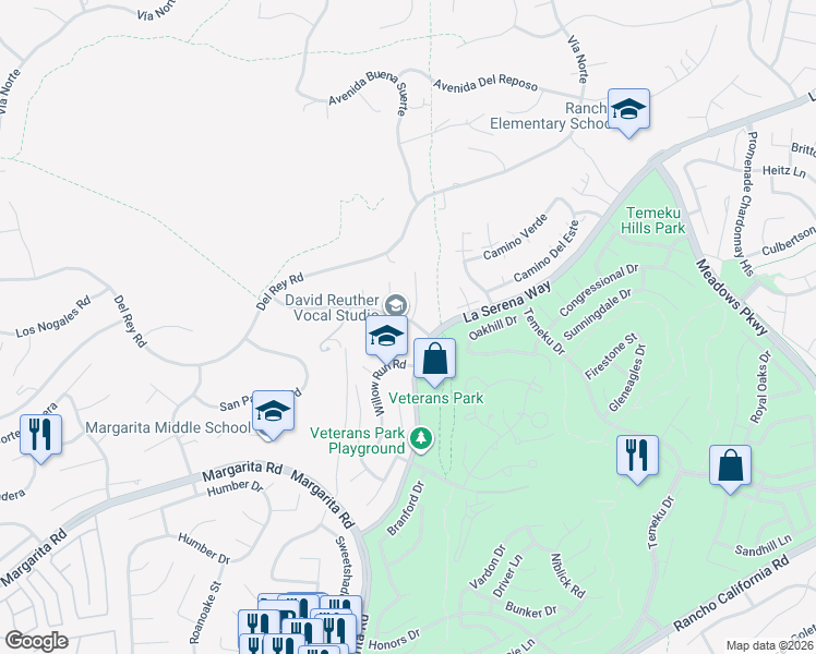 map of restaurants, bars, coffee shops, grocery stores, and more near 30959 Calle Pina Colada in Temecula