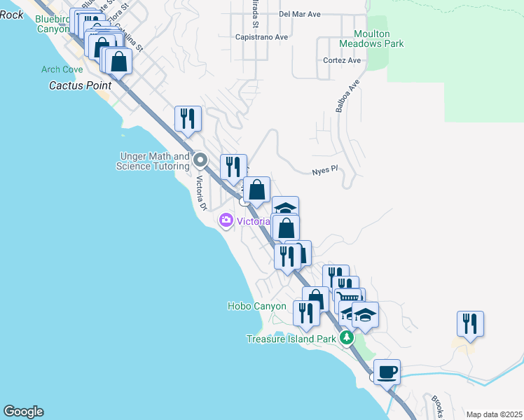map of restaurants, bars, coffee shops, grocery stores, and more near 2979 Terry Road in Laguna Beach