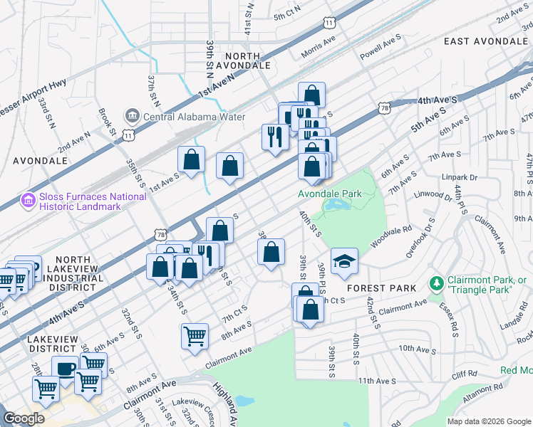 map of restaurants, bars, coffee shops, grocery stores, and more near 3800 5th Avenue South in Birmingham