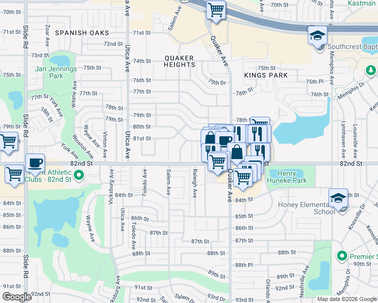 map of restaurants, bars, coffee shops, grocery stores, and more near 8008 Raleigh Avenue in Lubbock