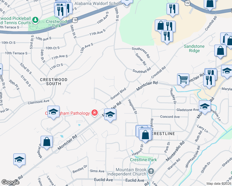 map of restaurants, bars, coffee shops, grocery stores, and more near 1048 Sunset Boulevard in Birmingham