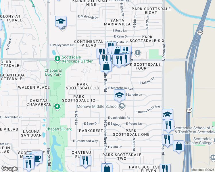 map of restaurants, bars, coffee shops, grocery stores, and more near 5801 North Granite Reef Road in Scottsdale
