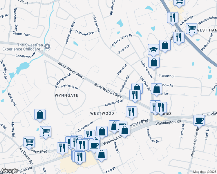 map of restaurants, bars, coffee shops, grocery stores, and more near 143 Coach Lane in Martinez