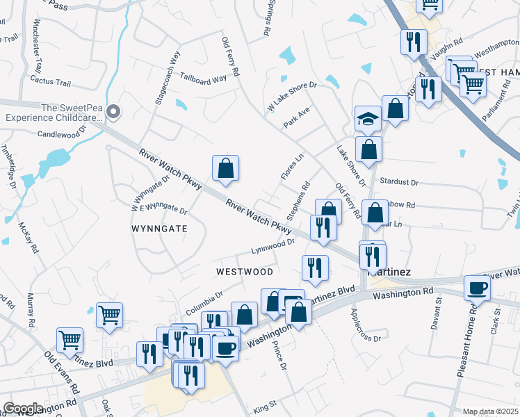 map of restaurants, bars, coffee shops, grocery stores, and more near 143 Coach Lane in Martinez