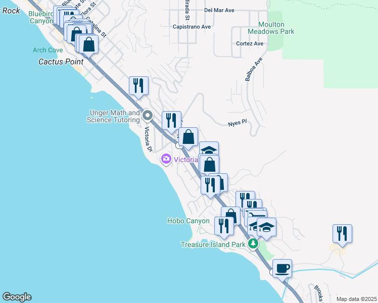 map of restaurants, bars, coffee shops, grocery stores, and more near 2930 South Coast Highway in Laguna Beach