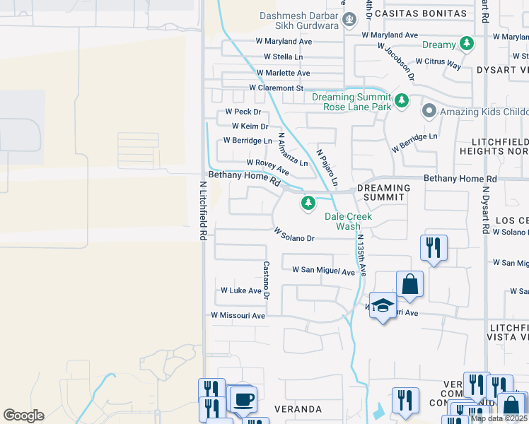 map of restaurants, bars, coffee shops, grocery stores, and more near 5825 Castano Court in Litchfield Park