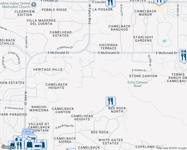 map of restaurants, bars, coffee shops, grocery stores, and more near 5781 North Echo Canyon Circle in Phoenix