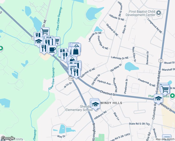 map of restaurants, bars, coffee shops, grocery stores, and more near 2300 Mall Terrace Court in Orangeburg