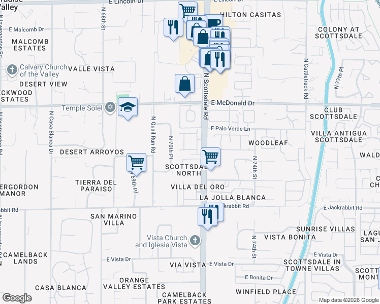 map of restaurants, bars, coffee shops, grocery stores, and more near 5734 North Scottsdale Road in Paradise Valley